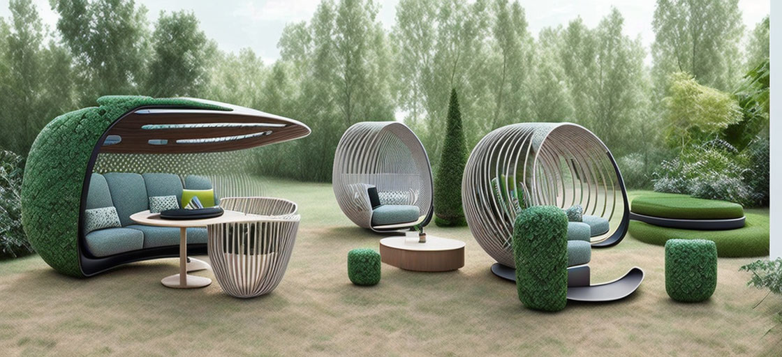 Contemporary outdoor furniture collection with sofa, canopy, chairs, tables, and garden greenery