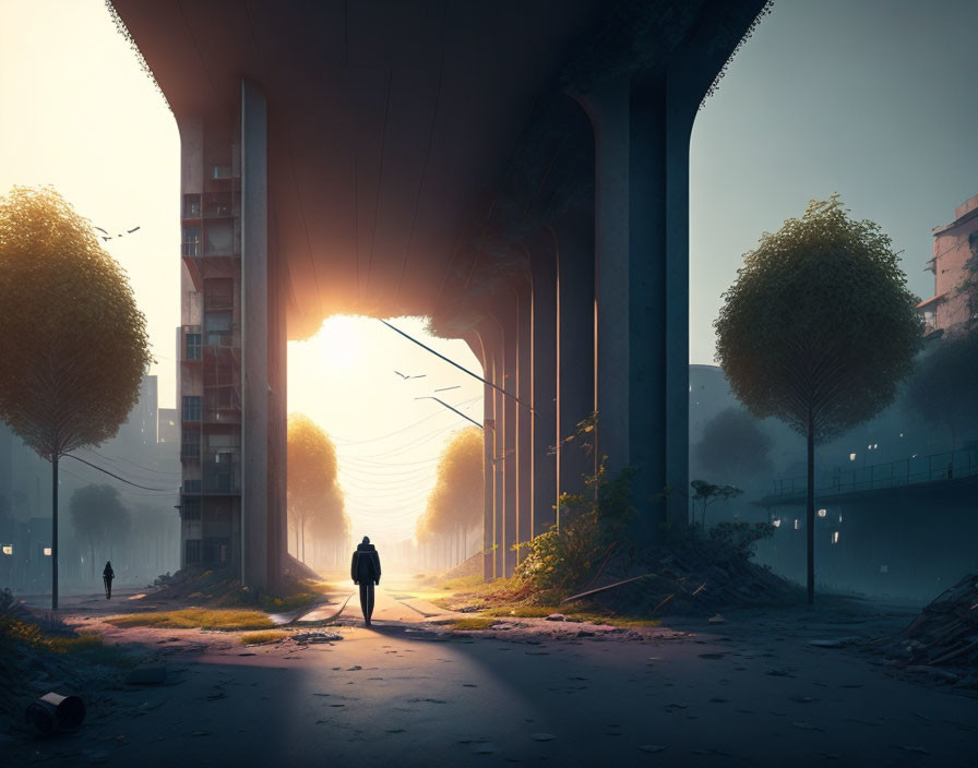 Urban landscape: Person walking under overpass at sunrise