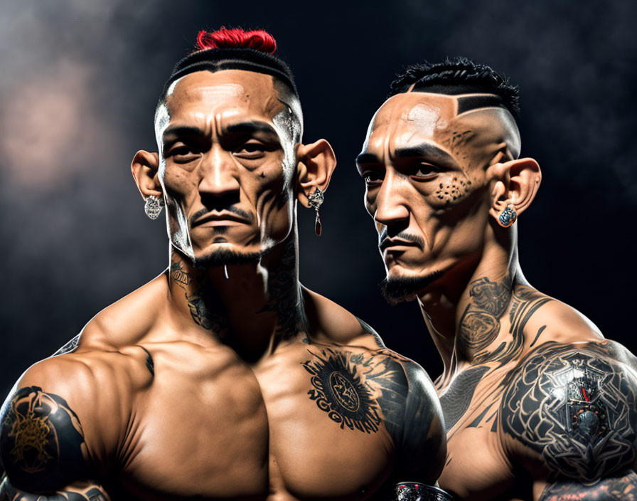Two tattooed muscular men with unique ear piercings in front of a dark backdrop