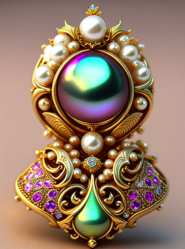 Golden Brooch with Iridescent Gem, Pearls, and Purple Accents