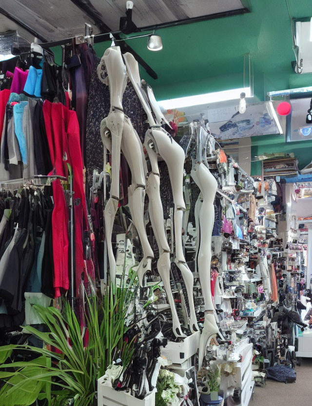 Clothing Store Interior with Mannequin Legs and Garments