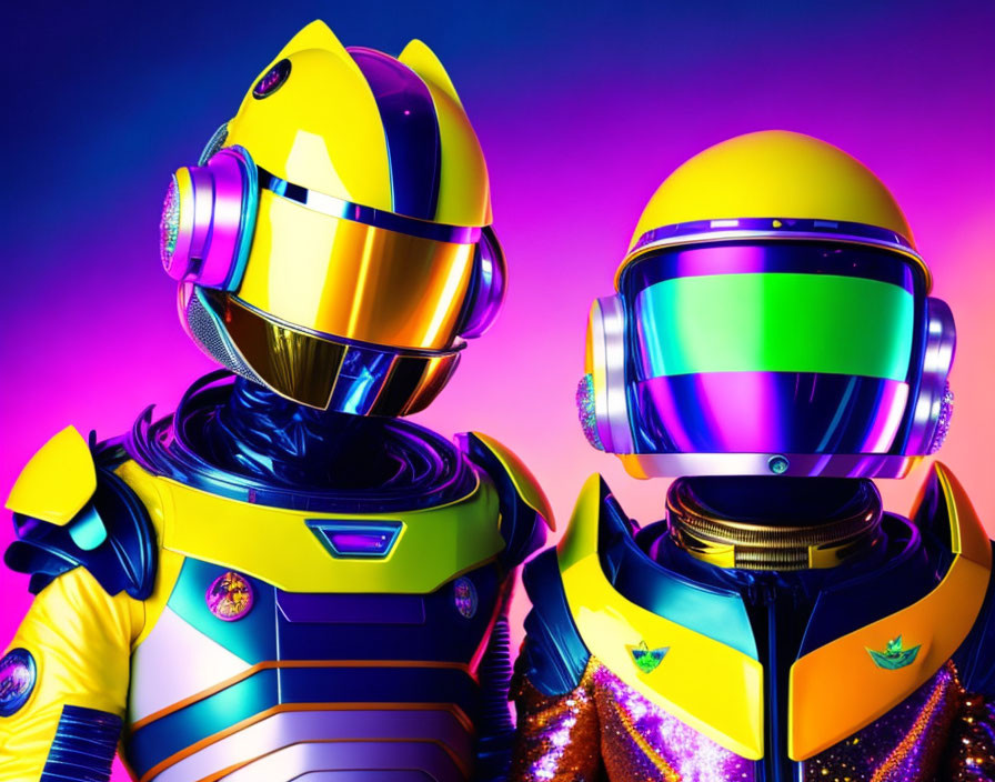 Colorful illuminated background with two vibrant robots in reflective helmets and detailed armor