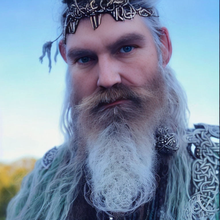 Grey-bearded man in Celtic robe and headpiece gazes at camera