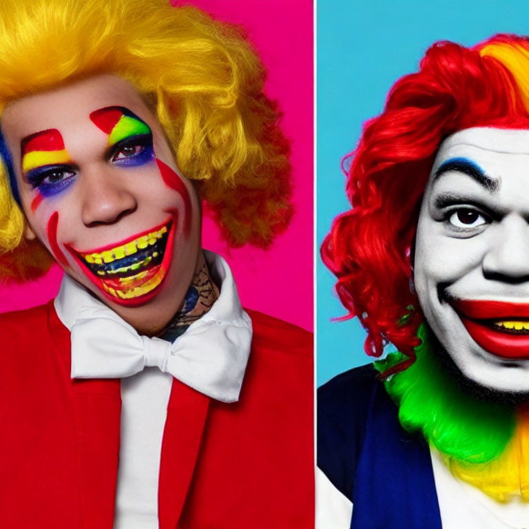 Split image of a person with clown makeup featuring yellow and green hair against vibrant background