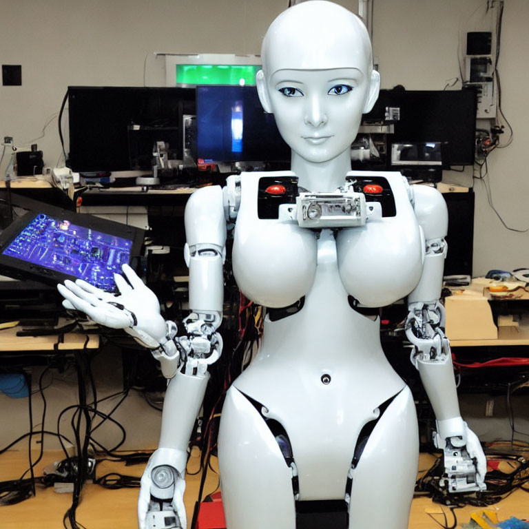 Female humanoid robot with white exterior in lab setting.