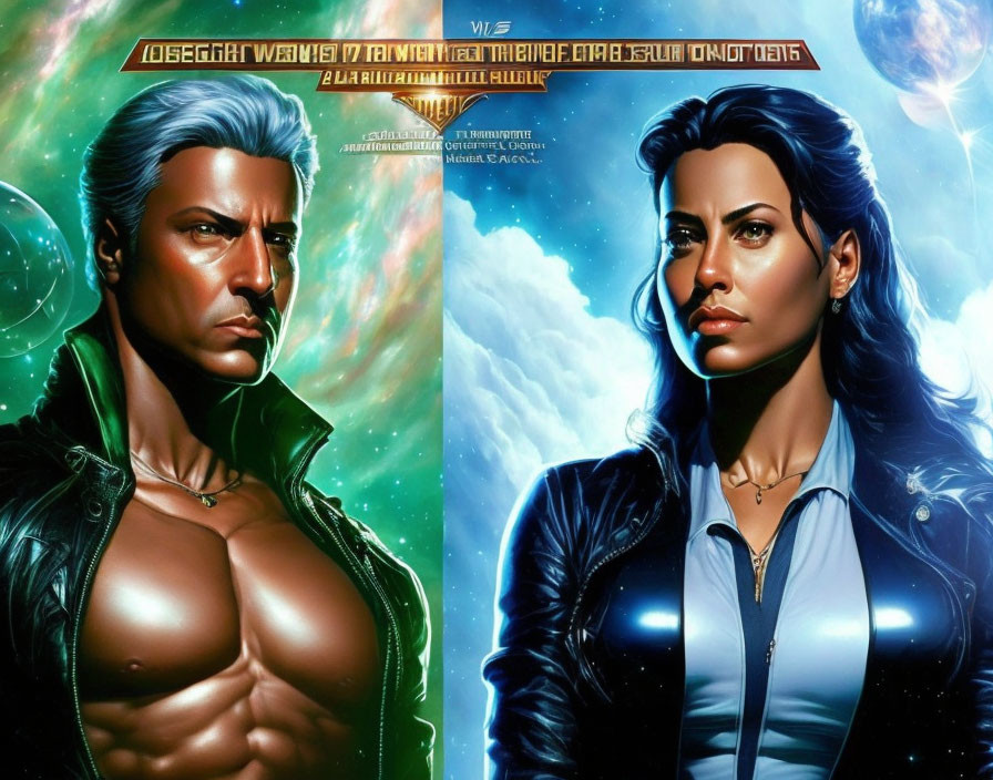 Illustration of man and woman in cosmic setting with unique features and unzipped leather jackets