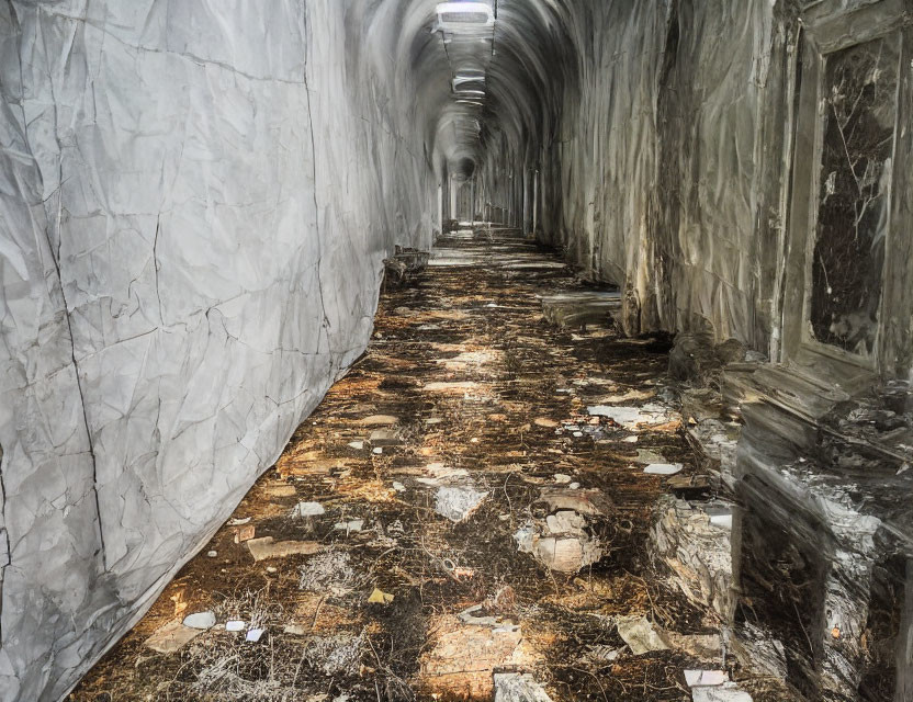 Desolate tunnel with crumbled walls and debris-covered floor