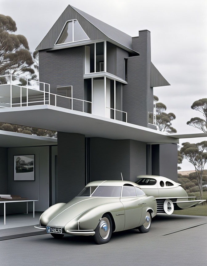 Vintage Car Parked in Front of Modern House with Geometric Architecture