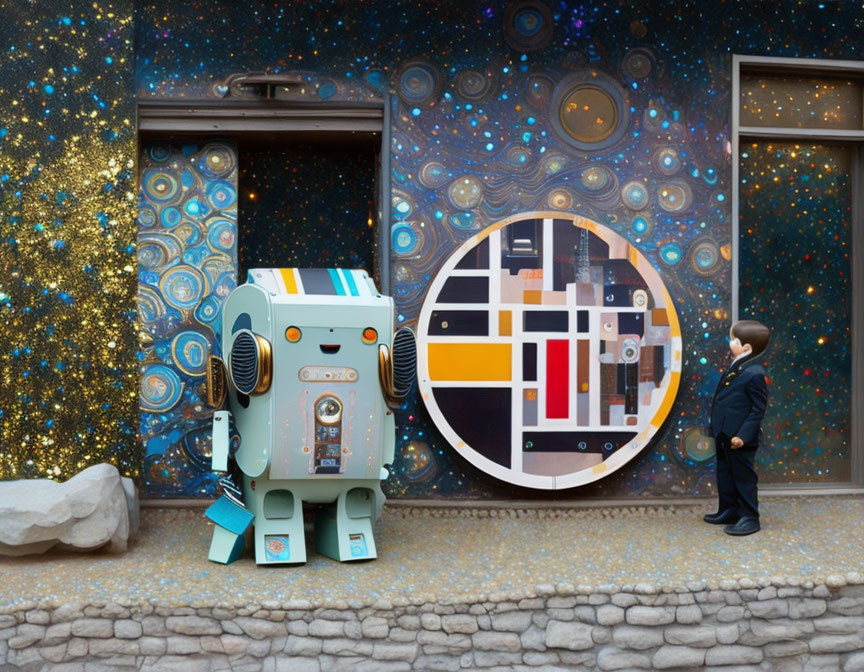Young boy interacts with life-size robot model near space-themed mural