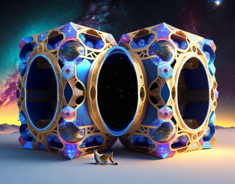 Cosmic patterns on dodecahedron structures with fox under starry sky