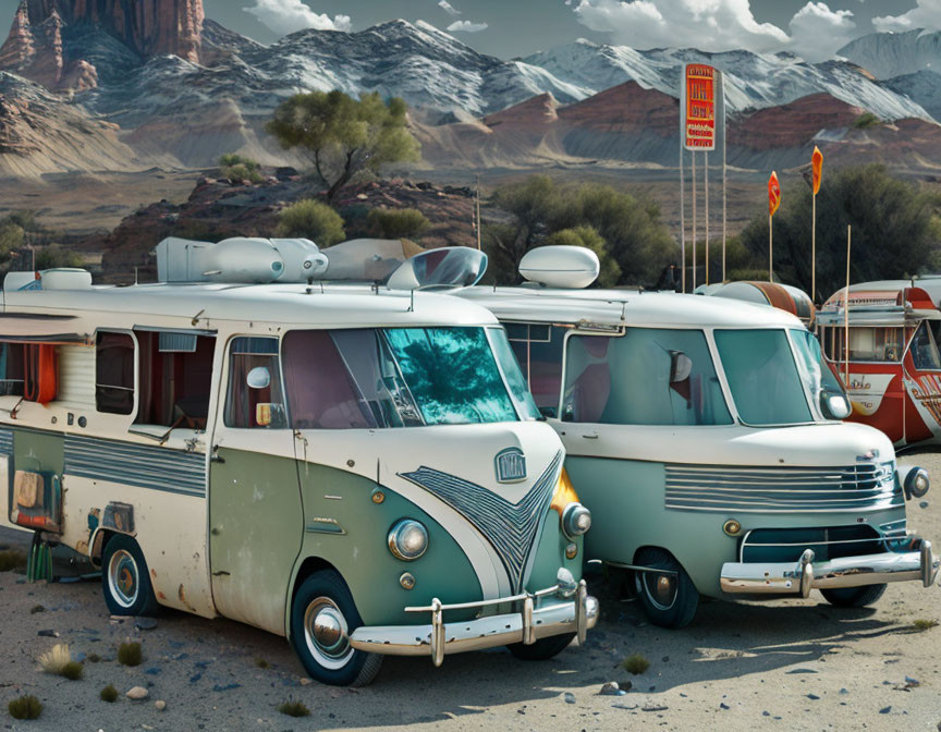 Vintage Camper Vans in Desert Landscape with Rocky Hills