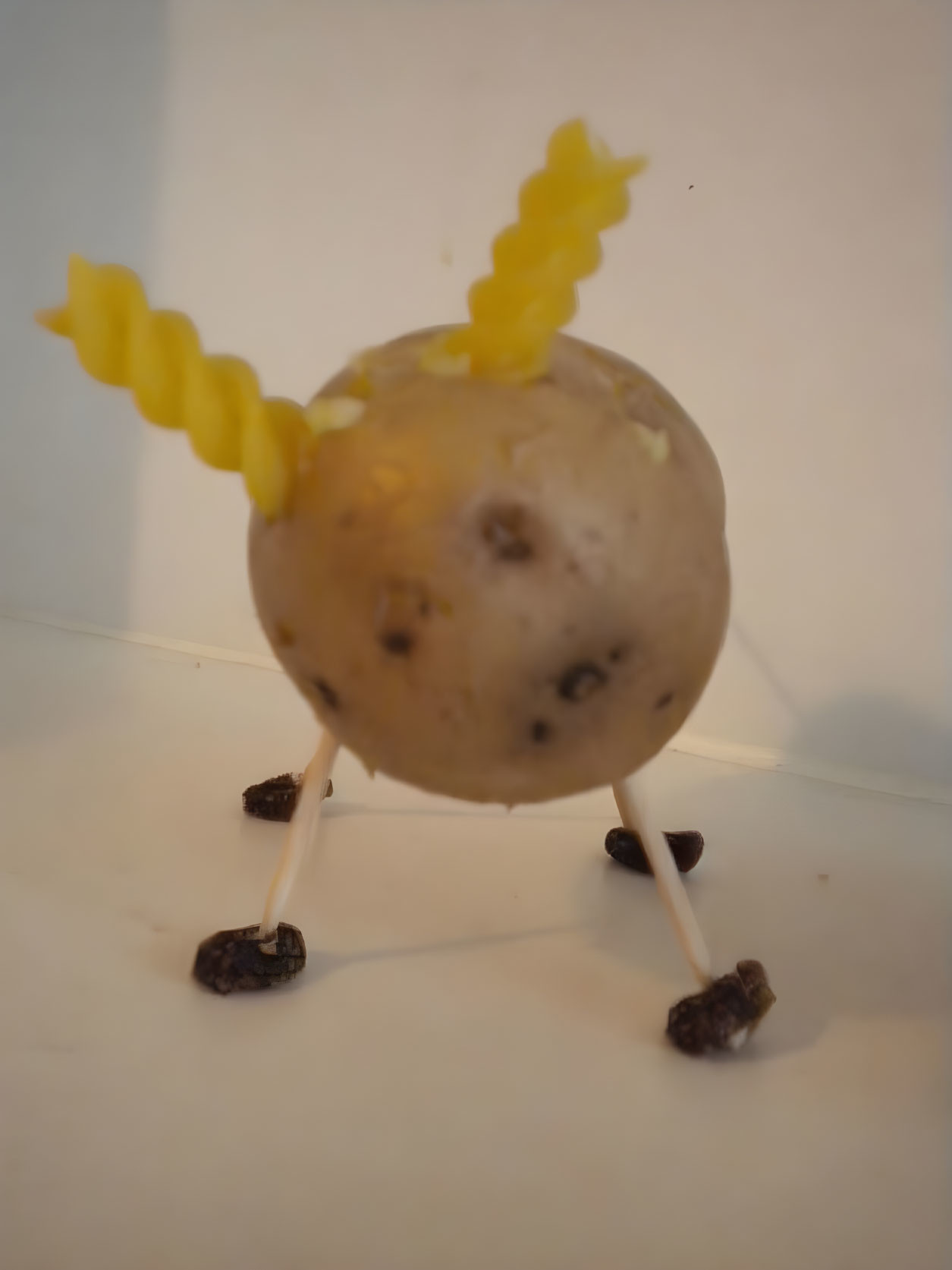 Potato with Pasta Spirals Horns and Raisin Feet on White Surface