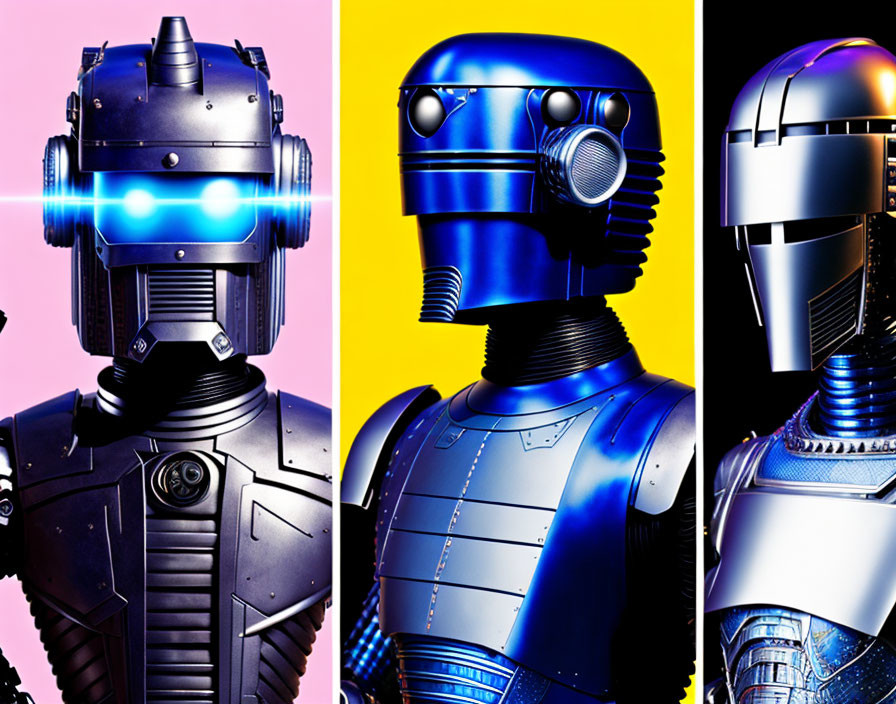 Three stylized robotic heads on vibrant background with blue neon lights.