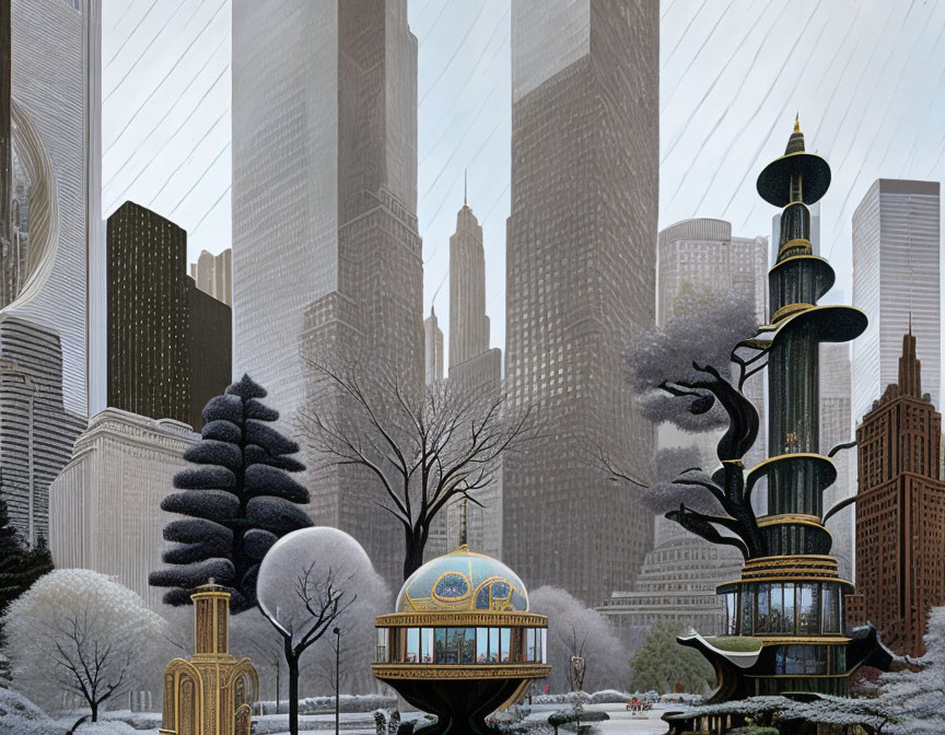 Surreal cityscape blending classical and futuristic architecture with whimsical vegetation on snow-covered ground under fog
