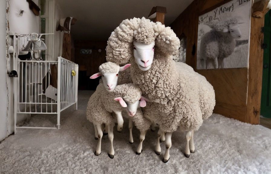 Three sheep with thick wool in a building with a "Back to Mom" sign