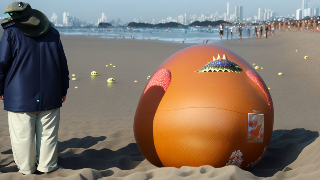 Person in coat gazes at mysterious orange sphere on beach