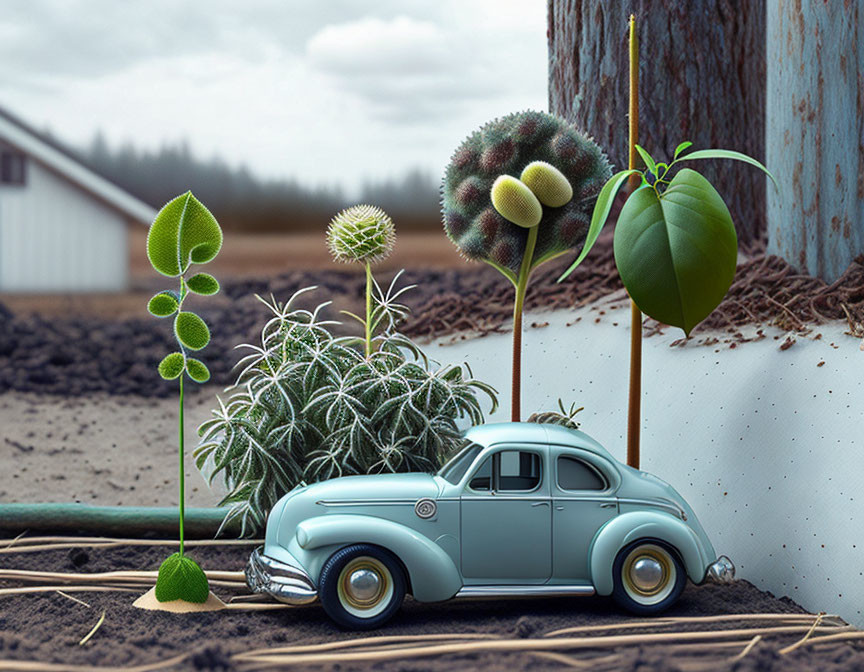 Vintage car and surreal plant elements in unique scene