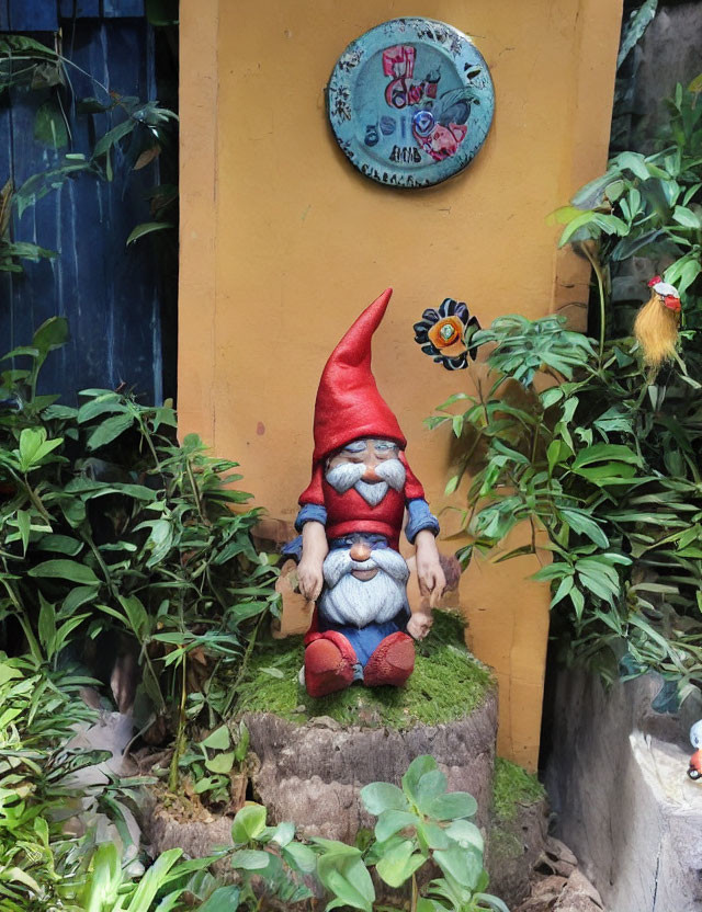Red-hat garden gnome on tree stump with green plants against yellow wall