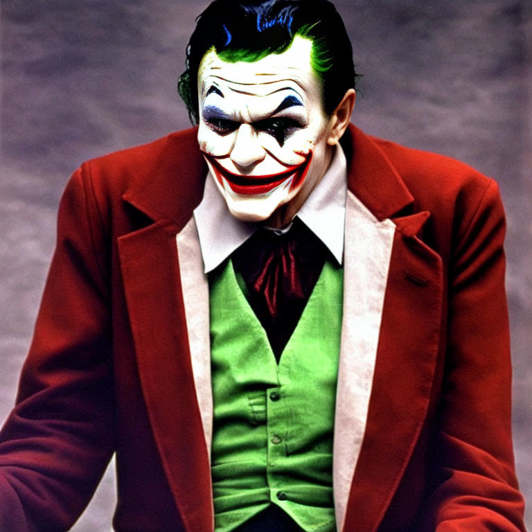 Person in Joker makeup with green hair, wearing red suit jacket, green vest, and white shirt smiling