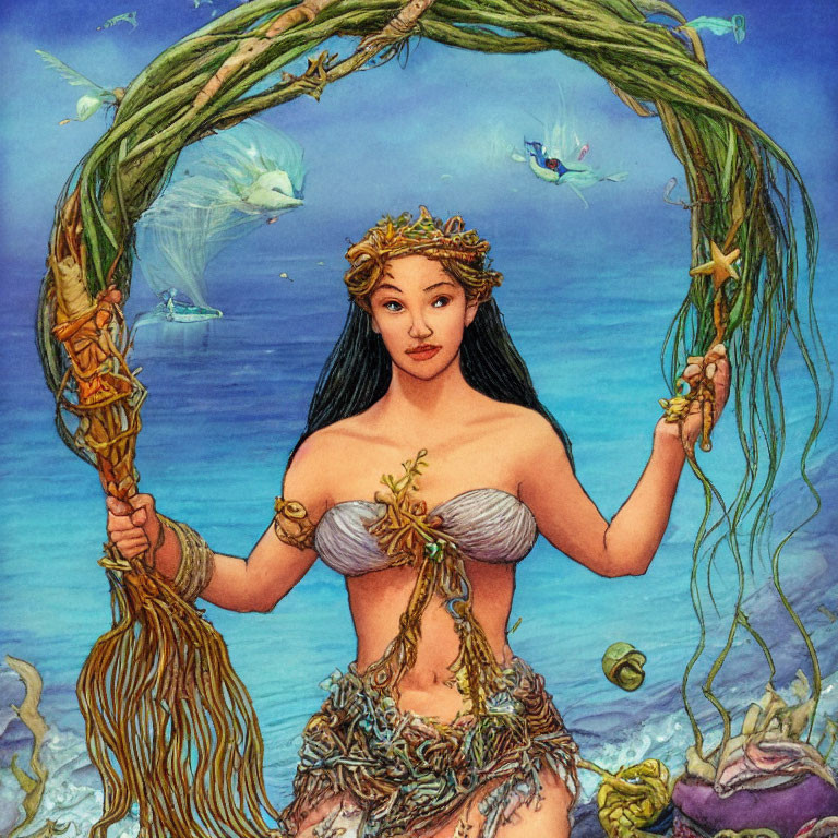Asian-featured mermaid underwater with vine arch and marine life