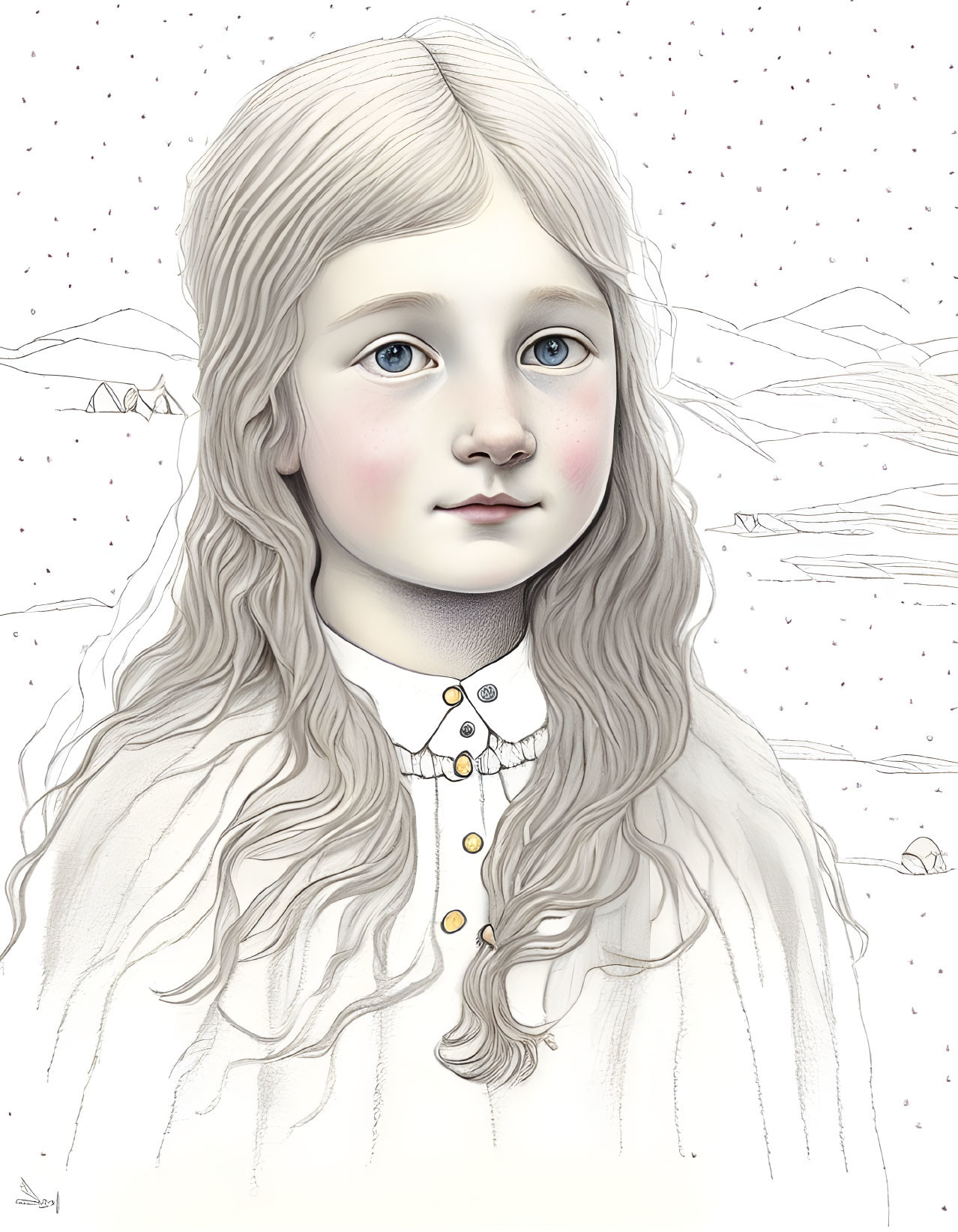 Illustration of young girl with wavy hair and blue eyes in vintage blouse on pale, dotted background