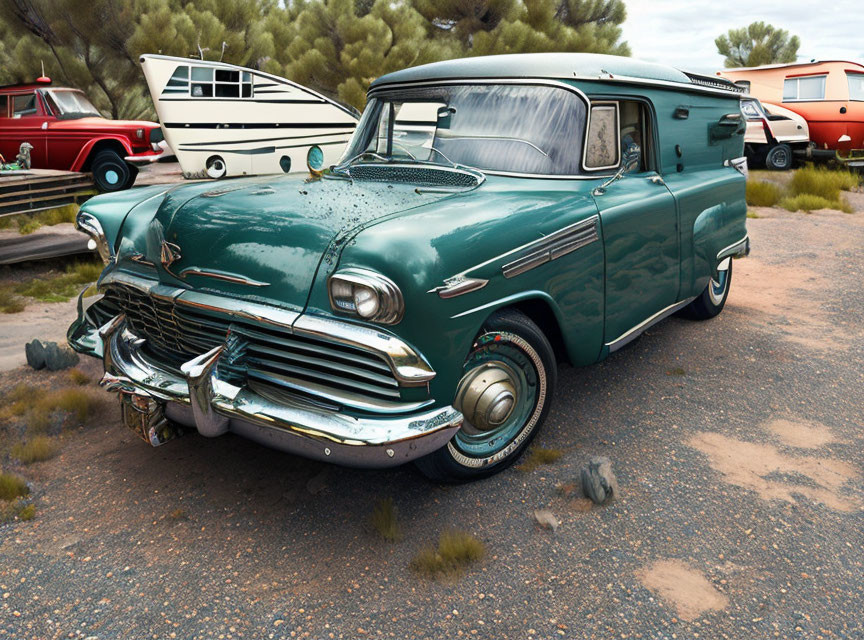 Vintage Green Car with Chrome Detailing in Gravel Lot with Classic Caravans