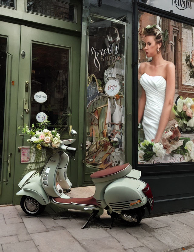 Vintage scooter outside bridal shop with wedding dress posters & bouquet on side platform