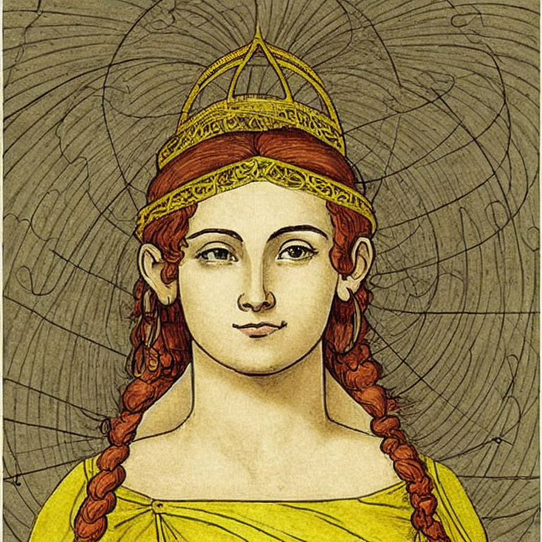 Vintage Illustration of Woman with Crown and Red Braided Hair