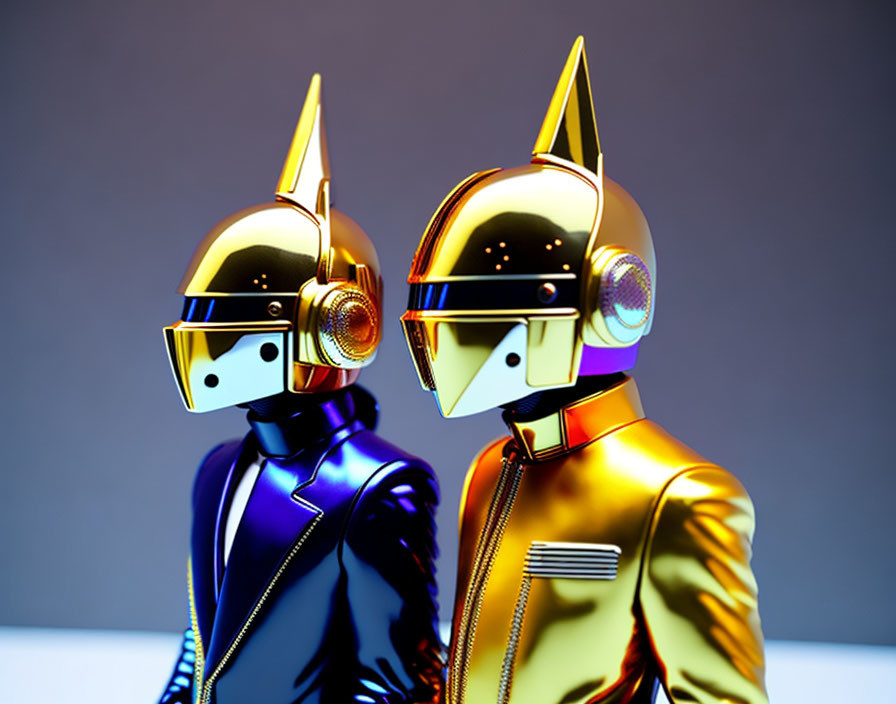 Futuristic helmets with reflective visors in blue and gold on gradient backdrop