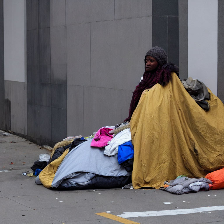 Person sitting on sidewalk with makeshift bed and personal items.