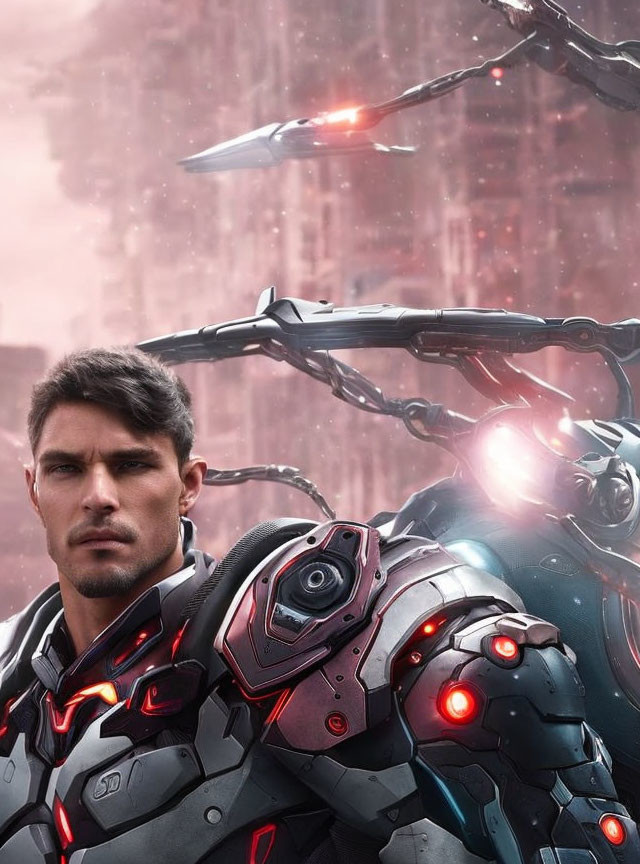 Man in futuristic armor with red elements in front of sci-fi cityscape.