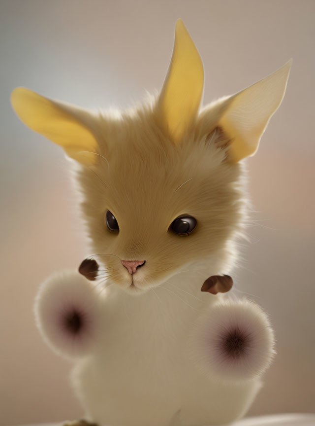 Fluffy kitten-like creature with yellow ears and brown paw pads