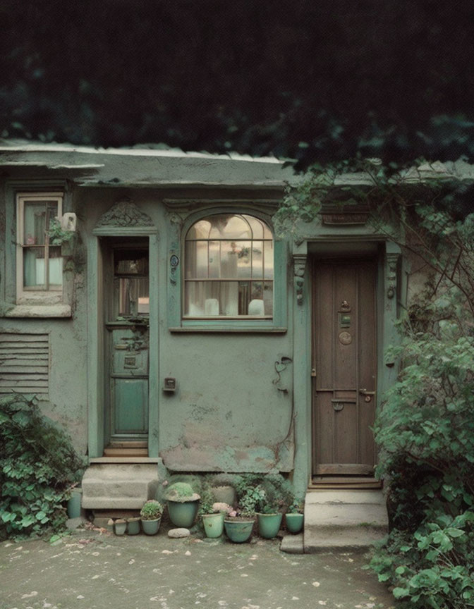 Weathered green house facade with plants, pots, wooden door - vintage charm