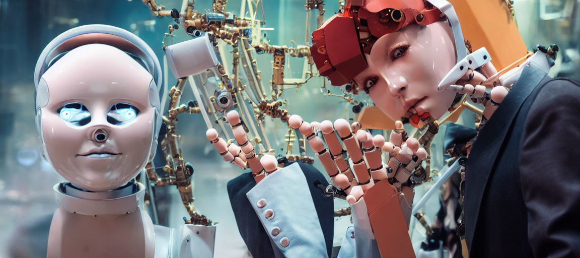 Humanoid robots with exposed brain and business suit face off