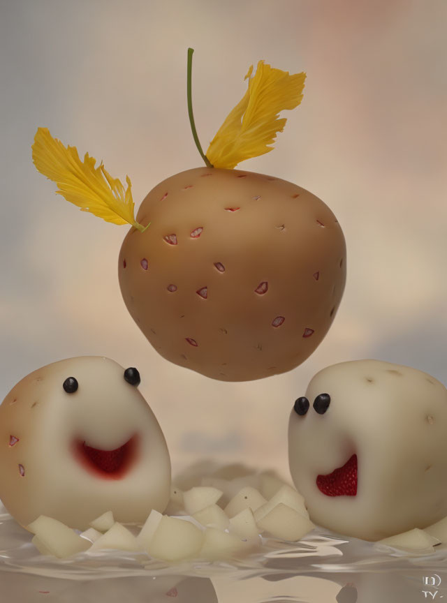 Three animated potatoes with faces - two in awe, one with wings.