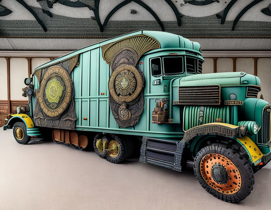 Vintage art deco style truck parked in ornately decorated classic hall
