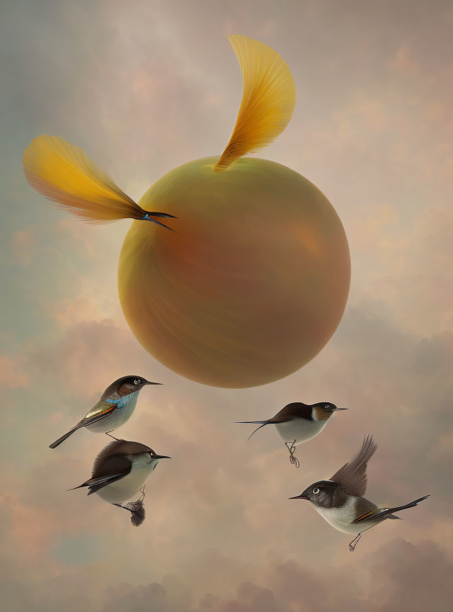 Stylized birds with exaggerated tail feathers around peach-colored orb