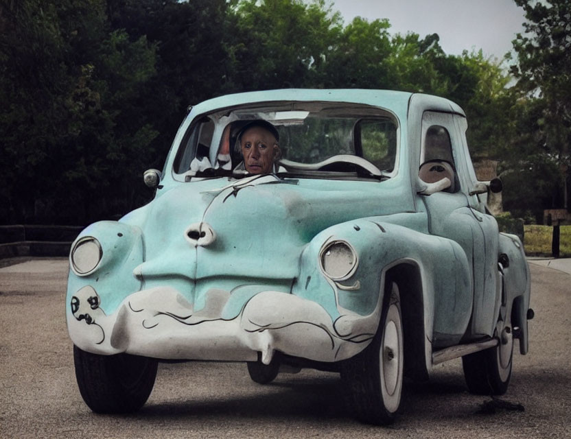 Vintage Blue Car with Artistic Facial Features and Driver Peeking Out