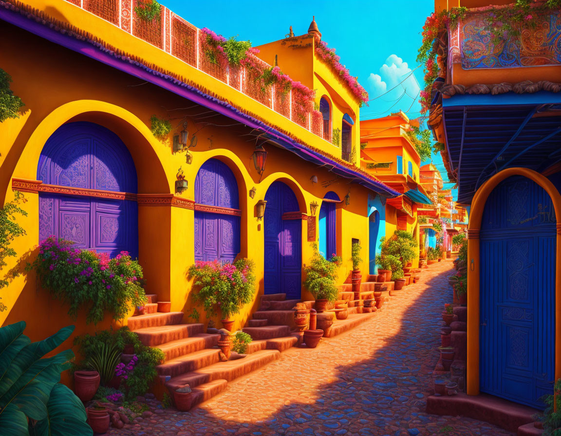 Colorful Buildings and Cobblestone Street with Blue Doors and Terracotta Pots