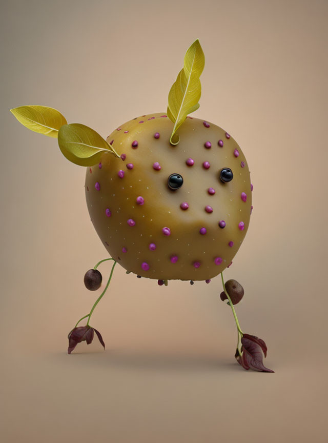 Anthropomorphic potato with leaf ears and berry limbs on tan background