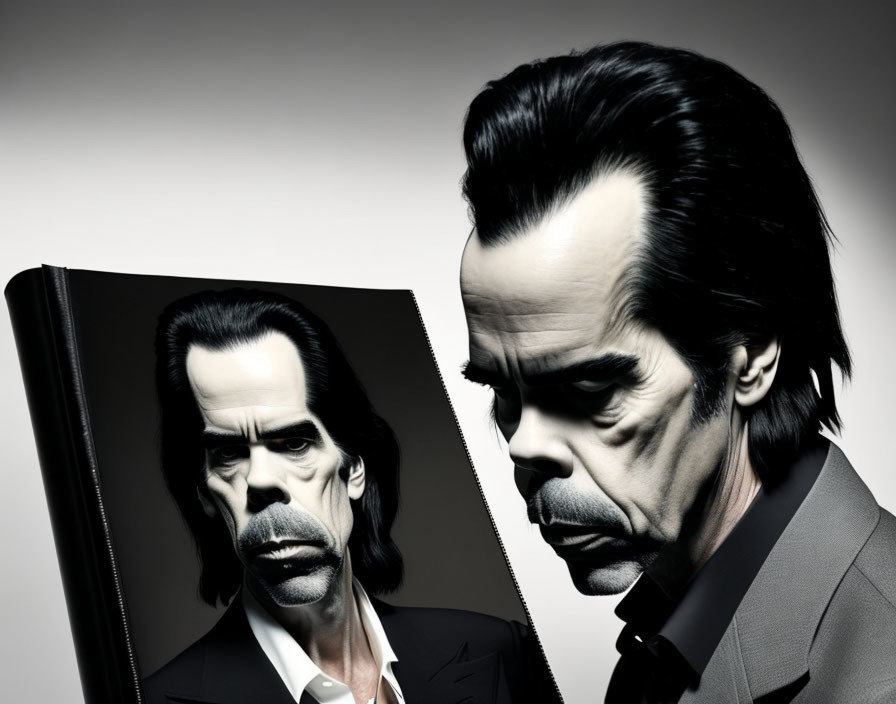 Man with somber expression looking at reflection in mirror with dark hairstyle and gray suit.