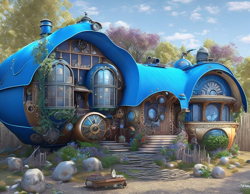 Blue Snail Shell-Shaped House in Lush Garden