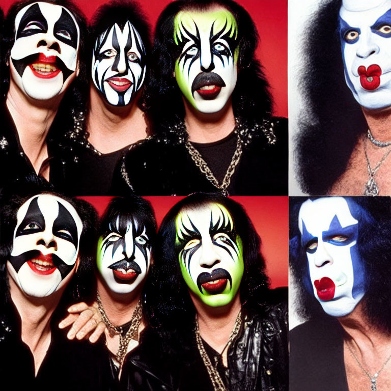 Four individuals in black and white face paint posing like a rock band.