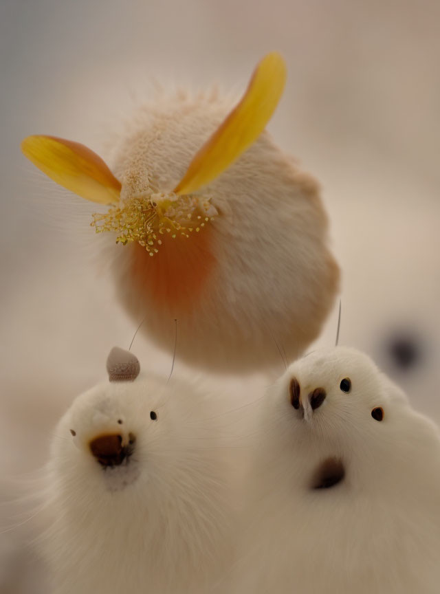 Two cute plush bunny toys with soft fur and a yellow flower, close-up.