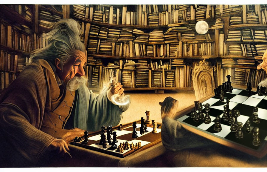 Elderly man analyzing chess game in library with books and glass orb