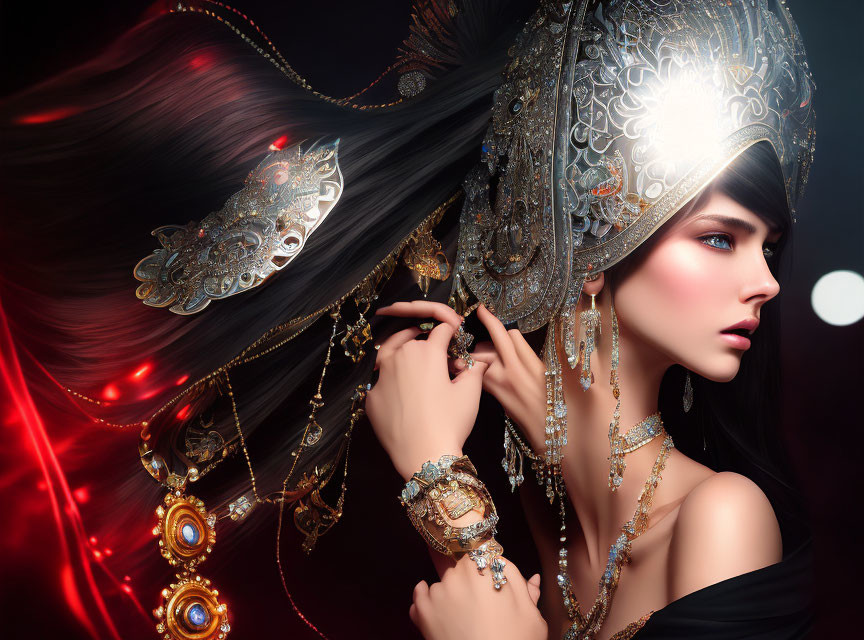 Woman with dramatic makeup and silver headdress and jewelry on dark background