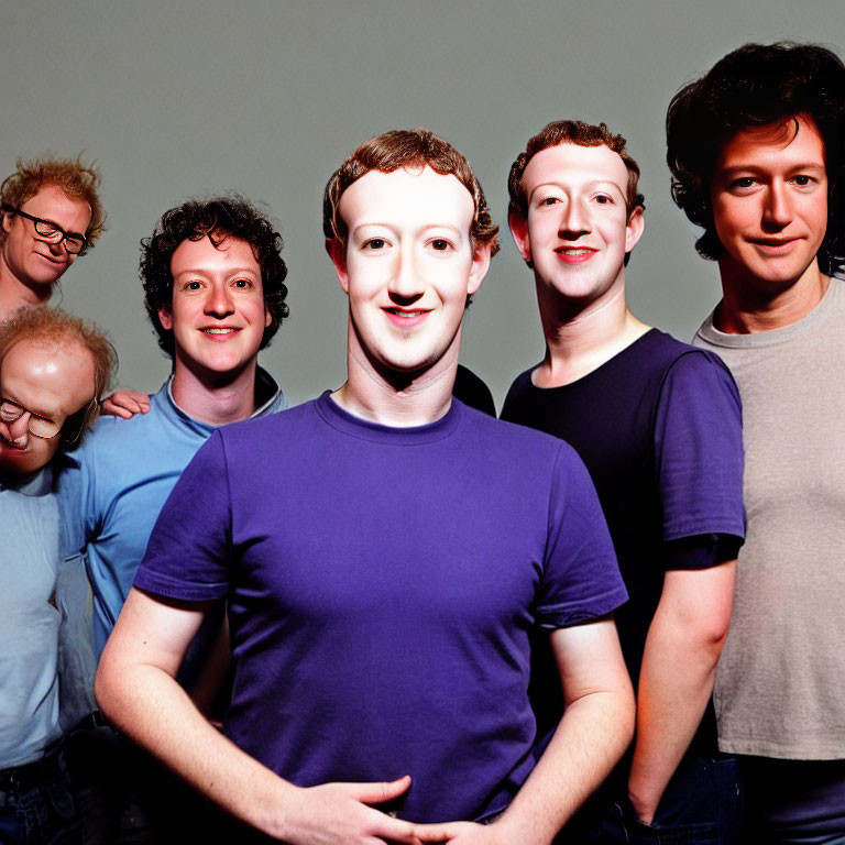 Six Men with Curly Hair Smiling in Colored Shirts