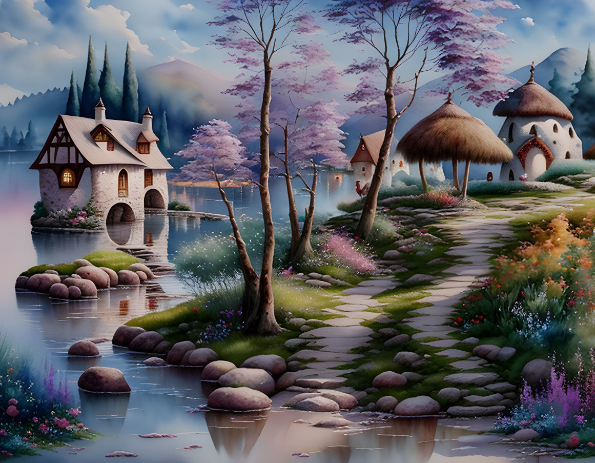 Whimsical cottages in fantasy landscape with cherry blossoms