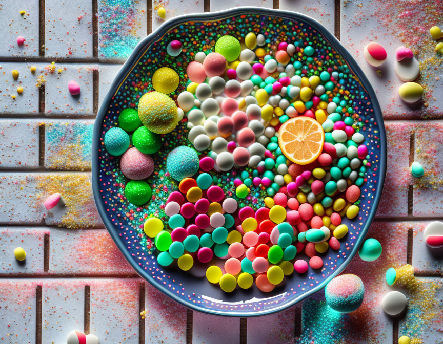 Colorful Candies, Sprinkles, and Dried Orange Slice on Patterned Plate