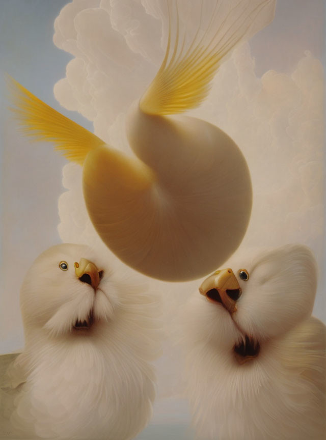 White pigeons observing bulbous object with feathery extensions and golden tip in cloudy sky